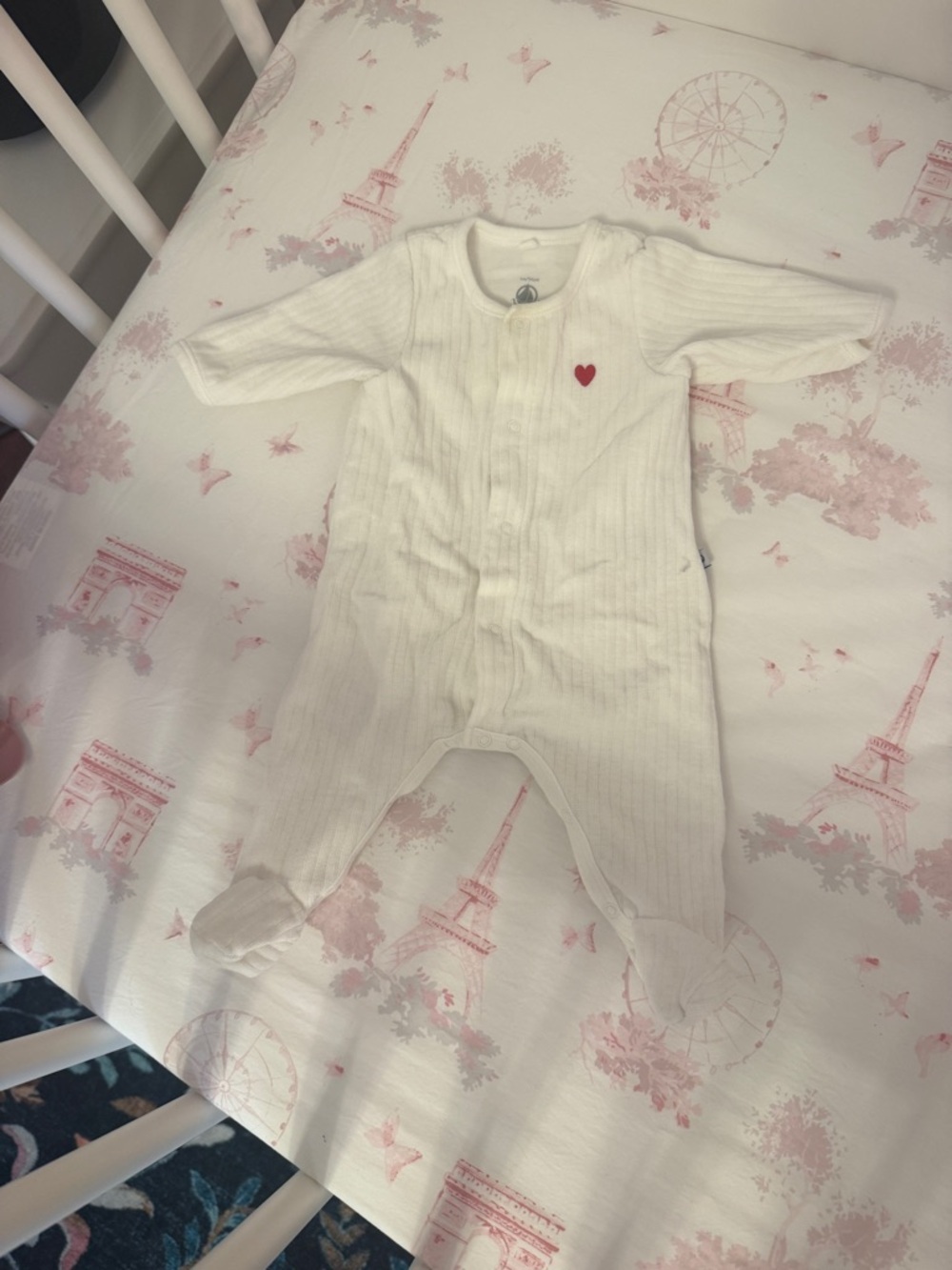 Petit Bateau White Ribbed Footed One-Piece with Red Heart and Hat